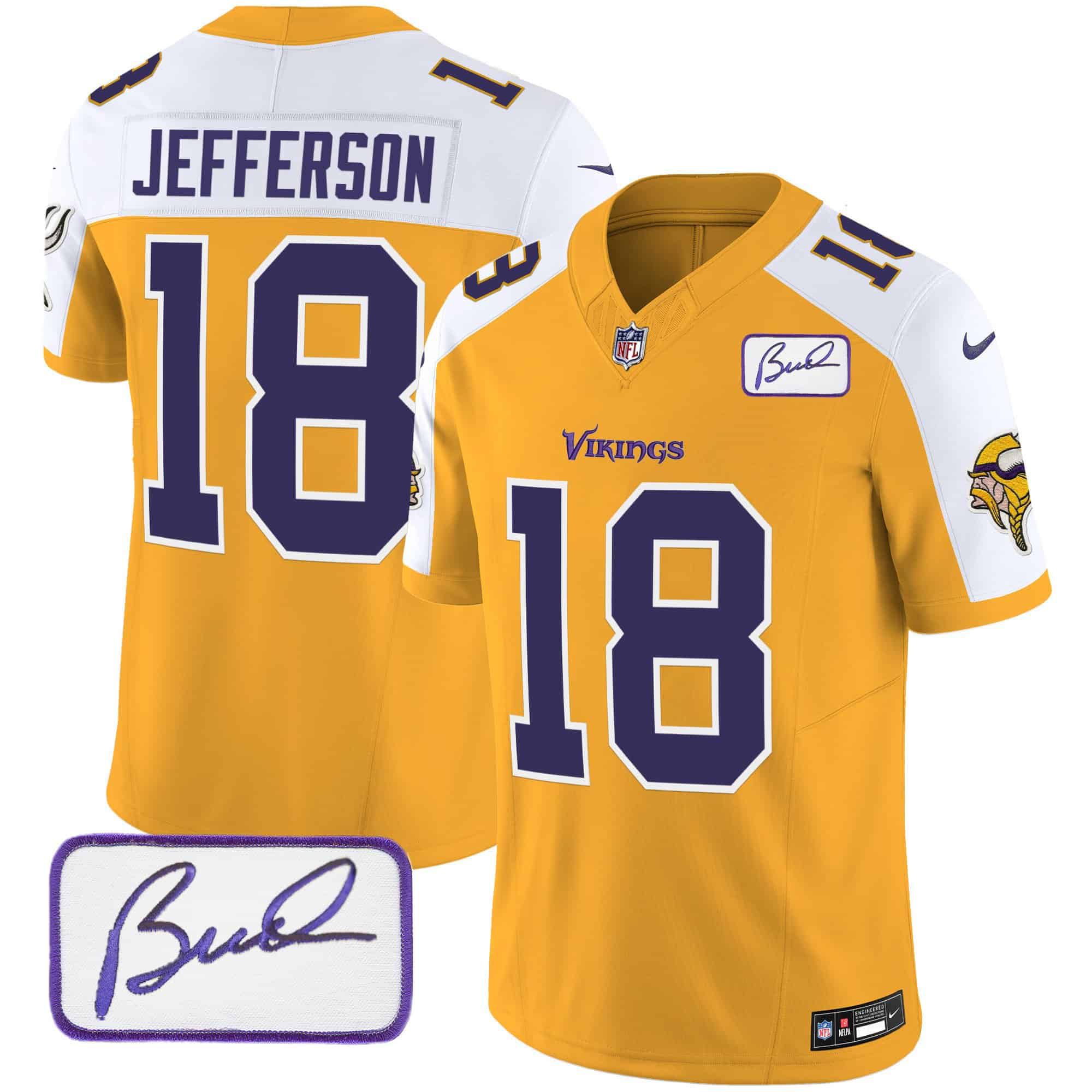 Men Minnesota Vikings 18 Jefferson Yellow 2024 Nike Bud Grant Patch Classic Limited NFL Jersey style 2